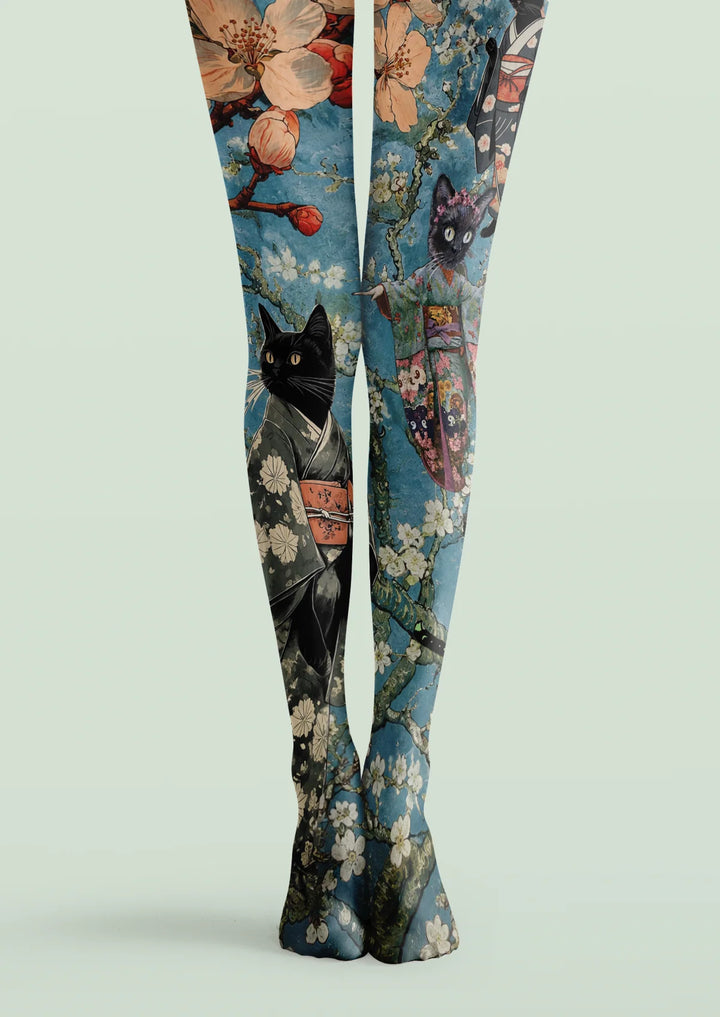 Women Japanese Kimono Cat Floral Animal Art Tights Pantyhose