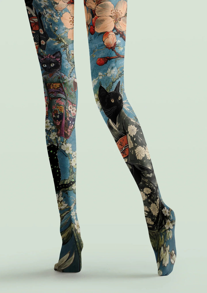 Women Japanese Kimono Cat Floral Animal Art Tights Pantyhose