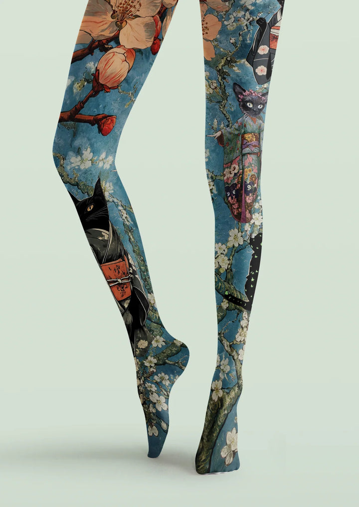 Women Japanese Kimono Cat Floral Animal Art Tights Pantyhose