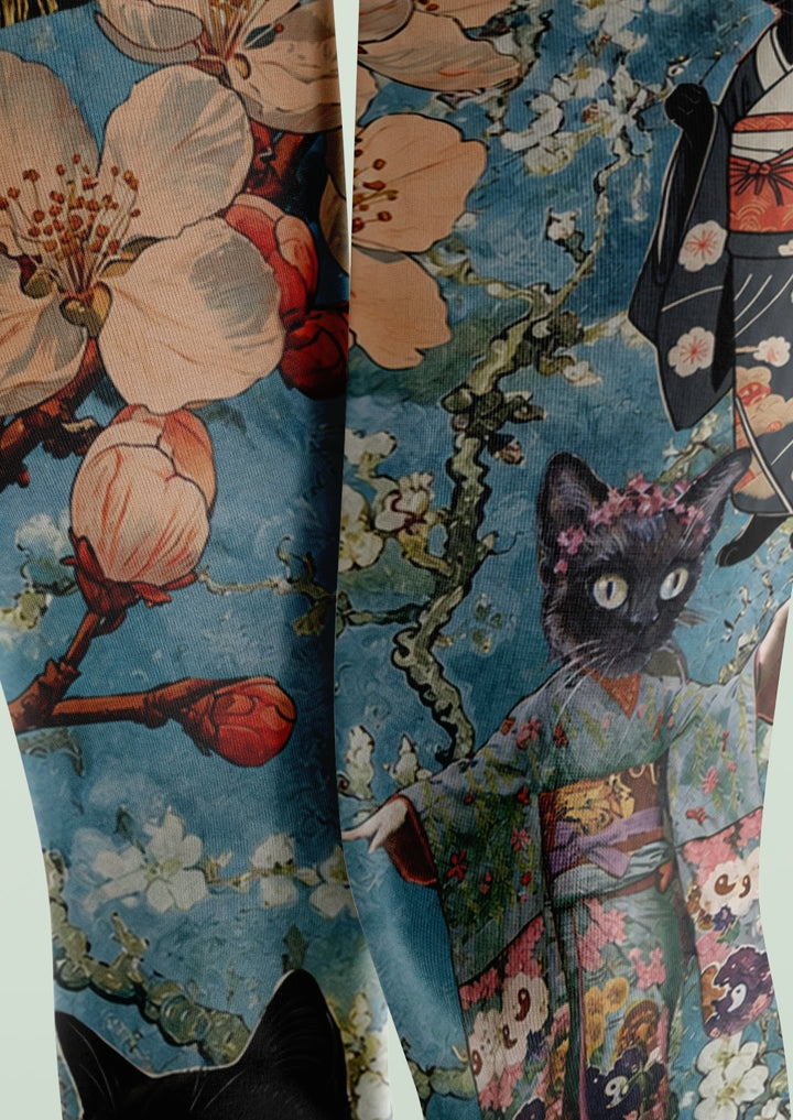 Women Japanese Kimono Cat Floral Animal Art Tights Pantyhose