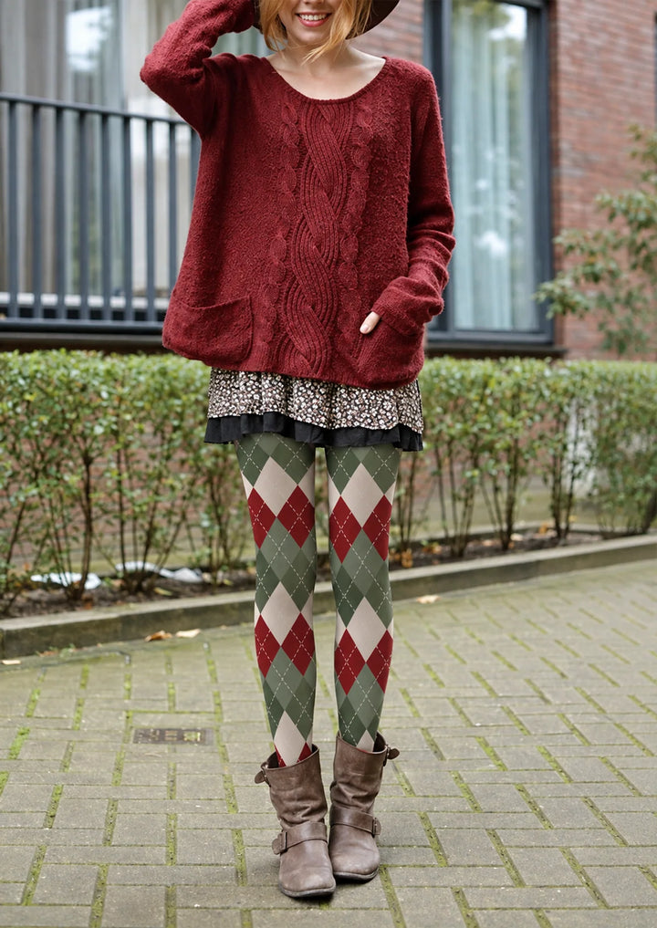 Women Vintage Argyle Pattern Print Tights Hosiery Pantyhose