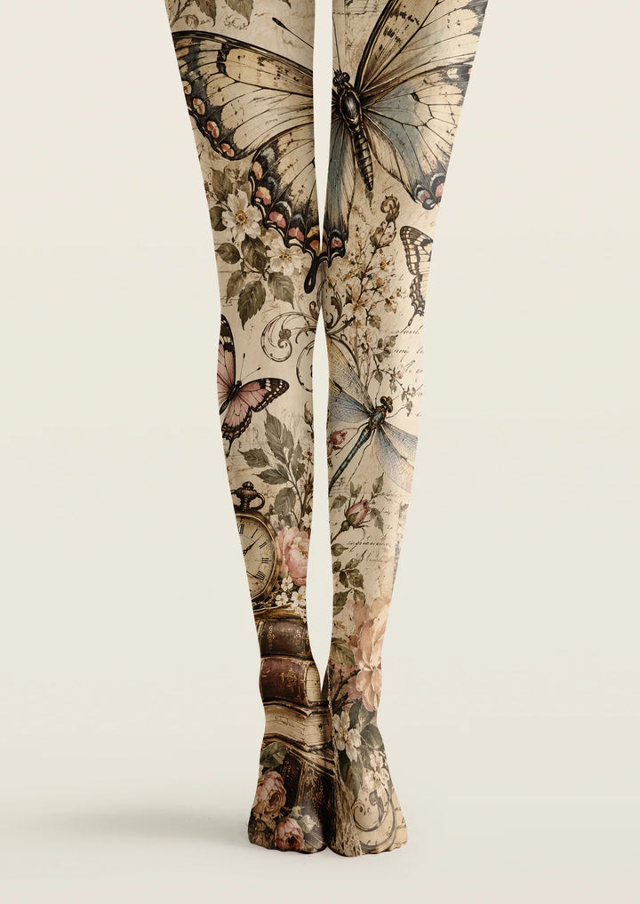 Women Vintage Butterfly Botanical Floral Print Tights Pantyhose
