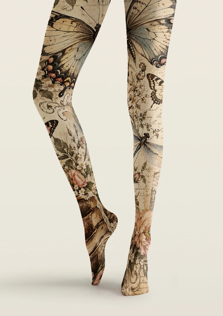 Women Vintage Butterfly Botanical Floral Print Tights Pantyhose