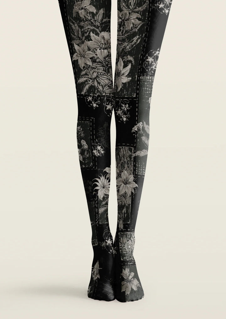 Women Midnight Botanical Floral Print Tights Hosiery Pantyhose