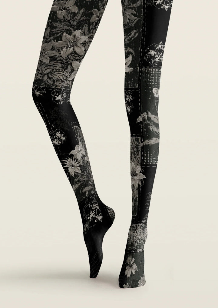 Women Midnight Botanical Floral Print Tights Hosiery Pantyhose