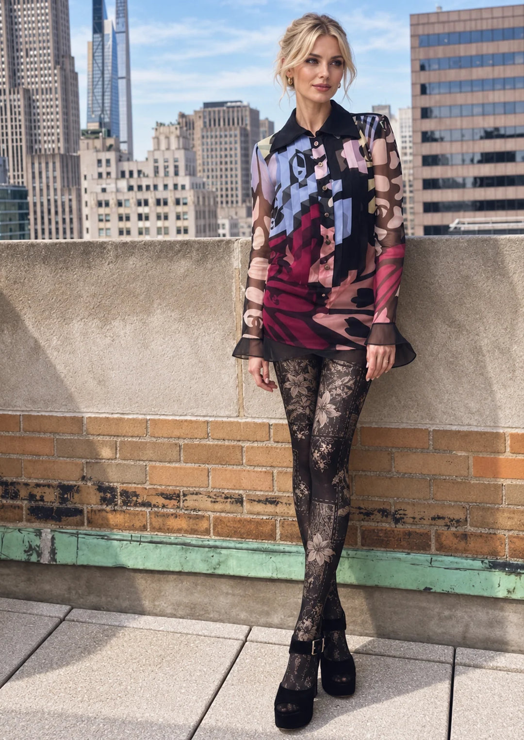 Women Midnight Botanical Floral Print Tights Hosiery Pantyhose