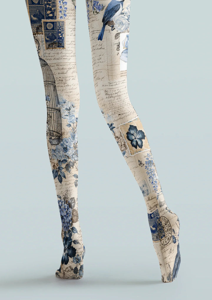 Women Vintage Blue Floral Bird Letter Print Tights Pantyhose