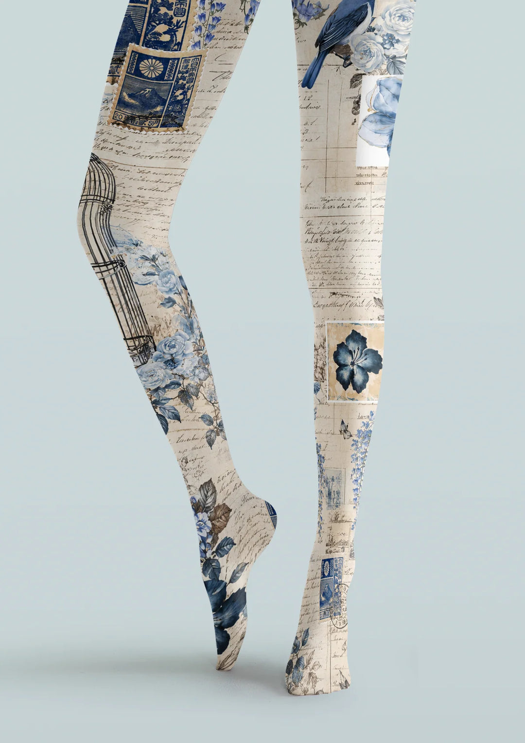 Women Vintage Blue Floral Bird Letter Print Tights Pantyhose