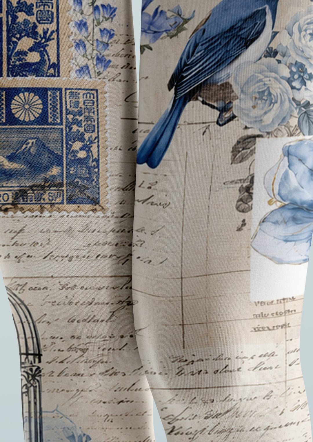 Women Vintage Blue Floral Bird Letter Print Tights Pantyhose