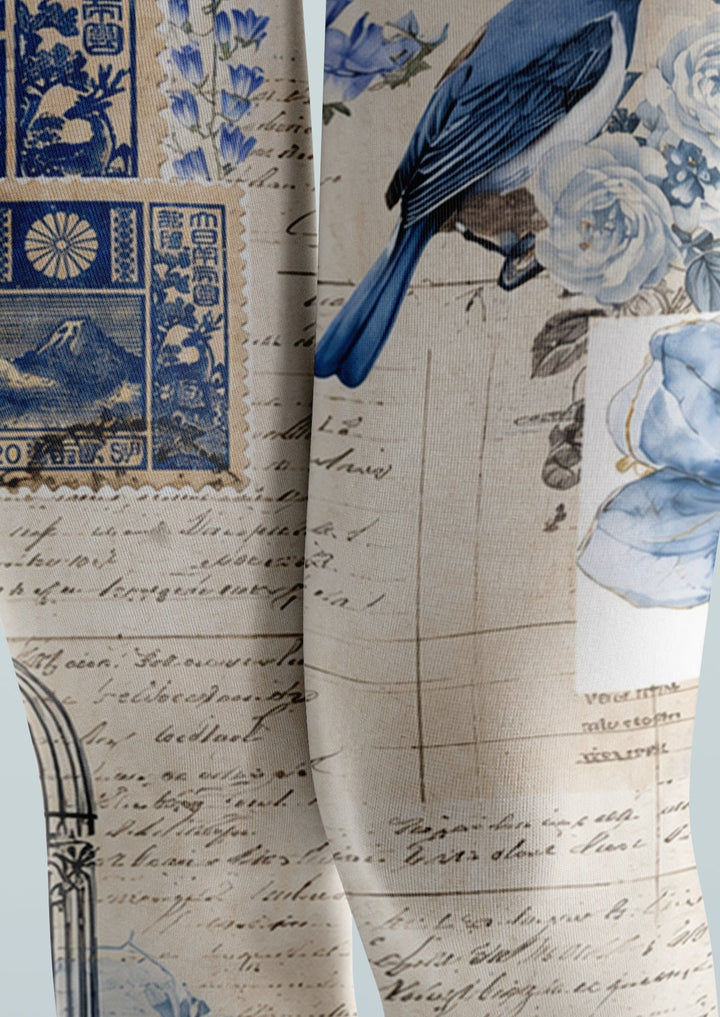 Women Vintage Blue Floral Bird Letter Print Tights Pantyhose