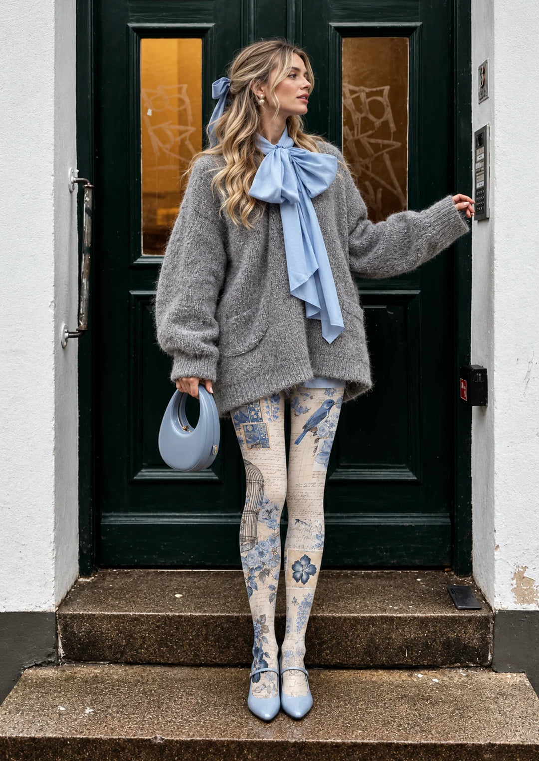 Women Vintage Blue Floral Bird Letter Print Tights Pantyhose