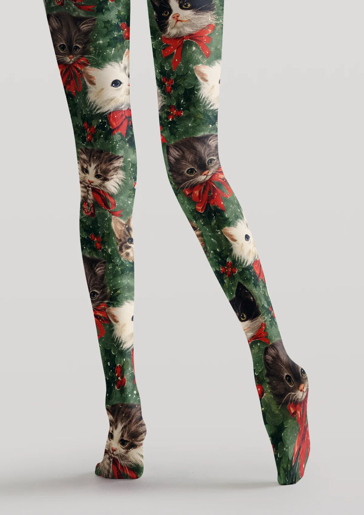 Christmas Kitten Holly Festive Printed Tights Hosiery Pantyhose
