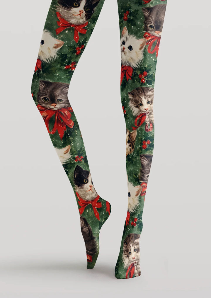Christmas Kitten Holly Festive Printed Tights Hosiery Pantyhose