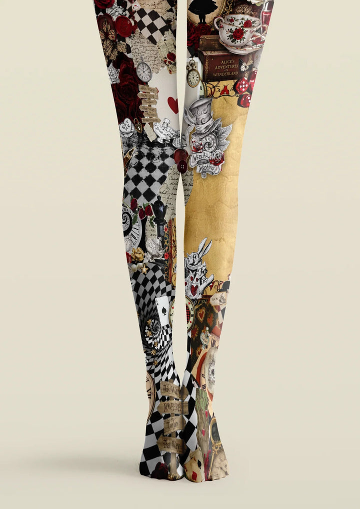 Whimsical Alice Wonderland Collage Tights Hosiery Pantyhose