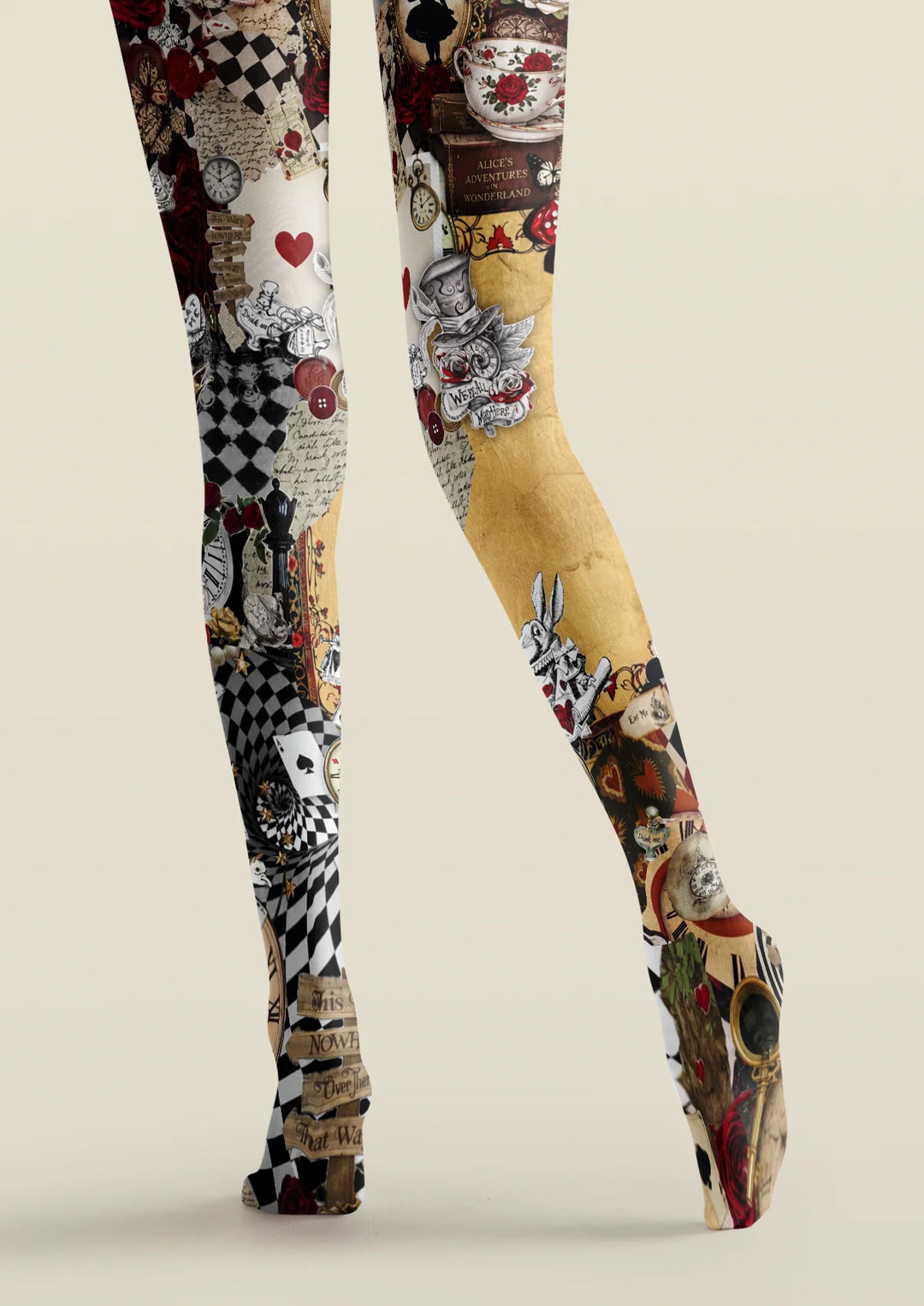 Whimsical Alice Wonderland Collage Tights Hosiery Pantyhose