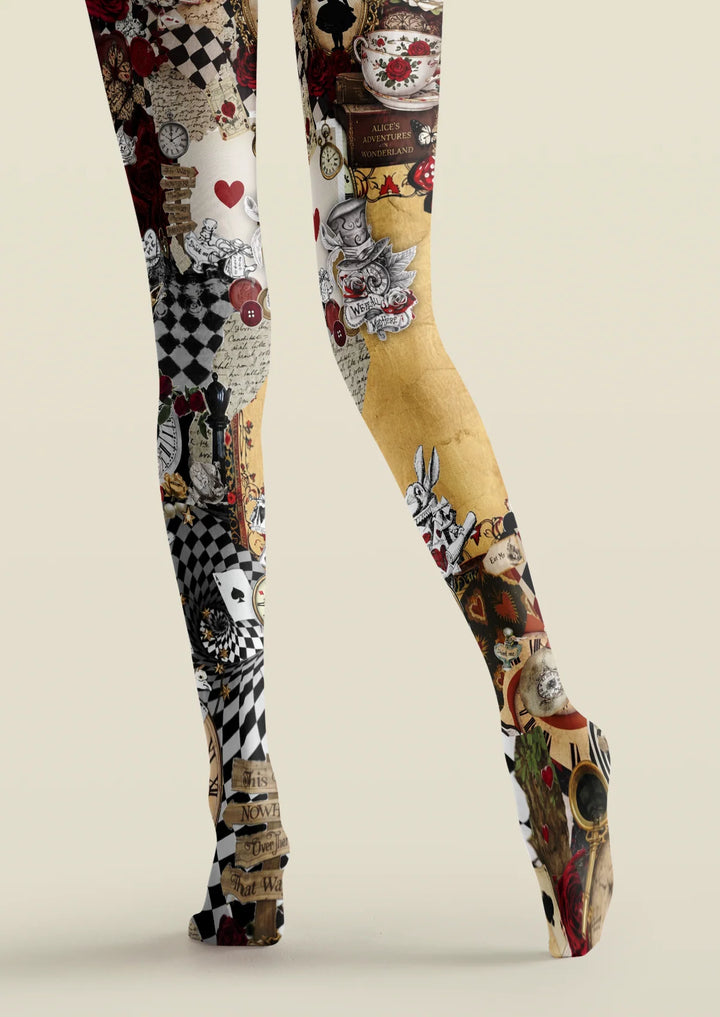 Whimsical Alice Wonderland Collage Tights Hosiery Pantyhose