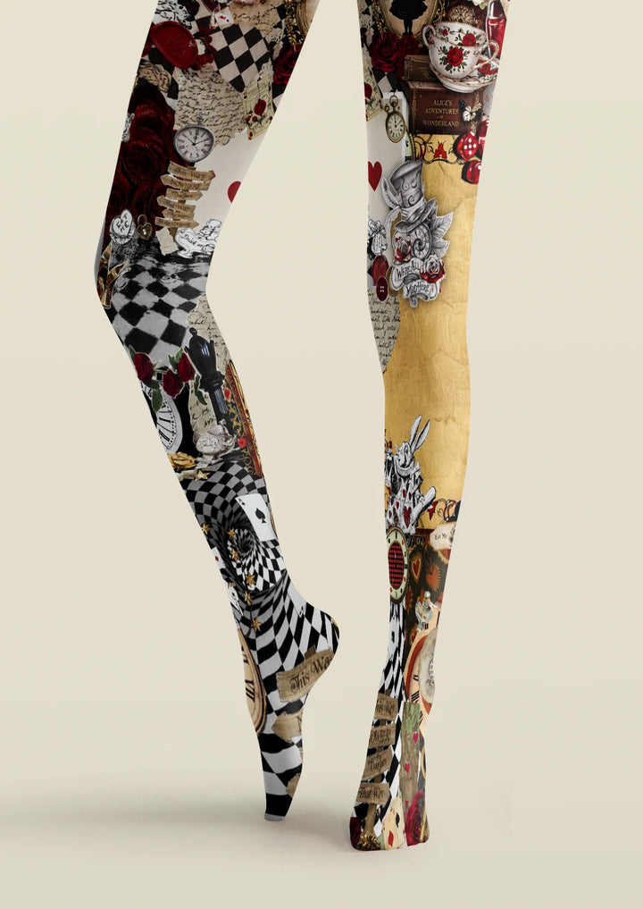 Whimsical Alice Wonderland Collage Tights Hosiery Pantyhose