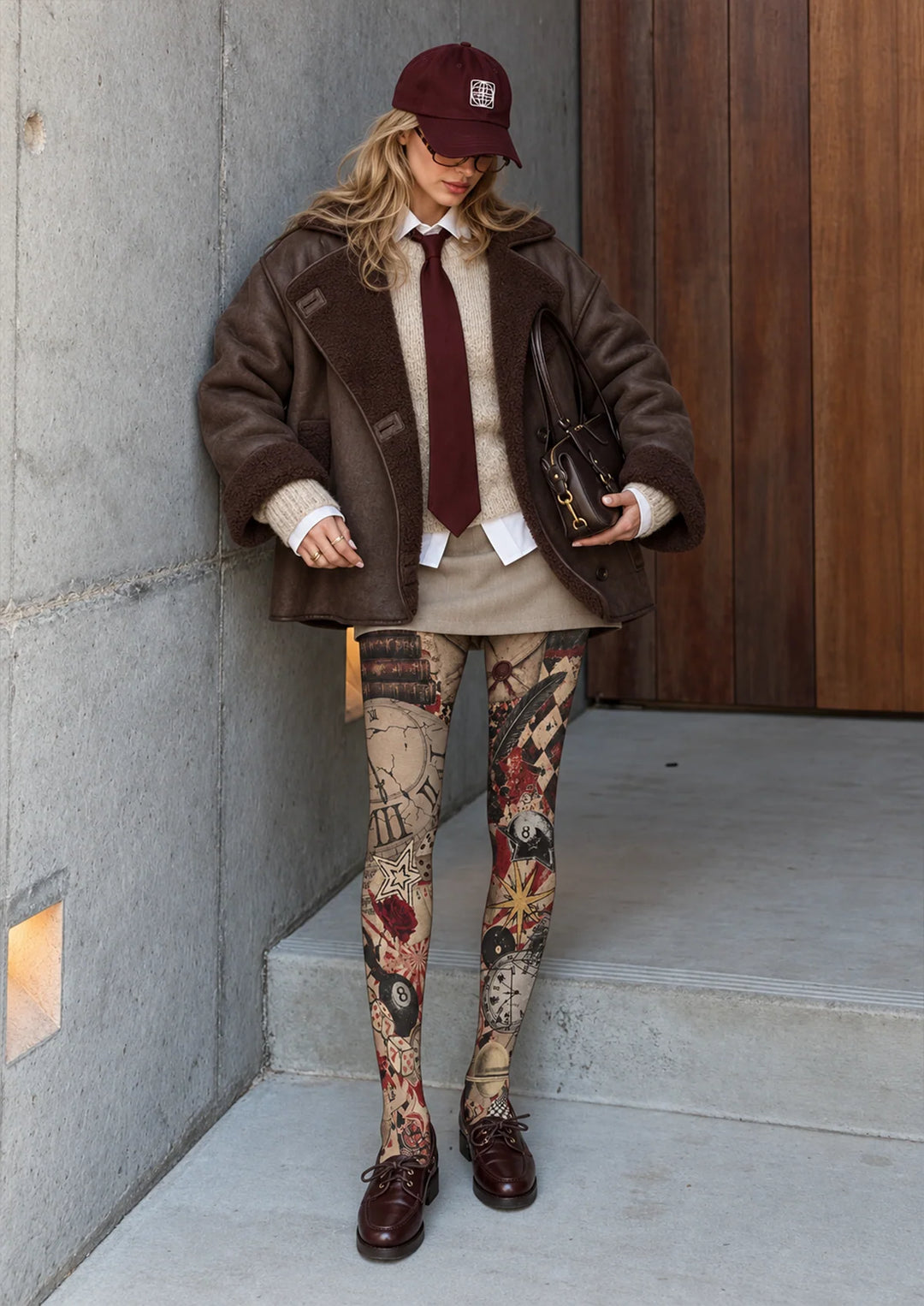 Women Vintage Collage Pattern Print Tights Hosiery Pantyhose