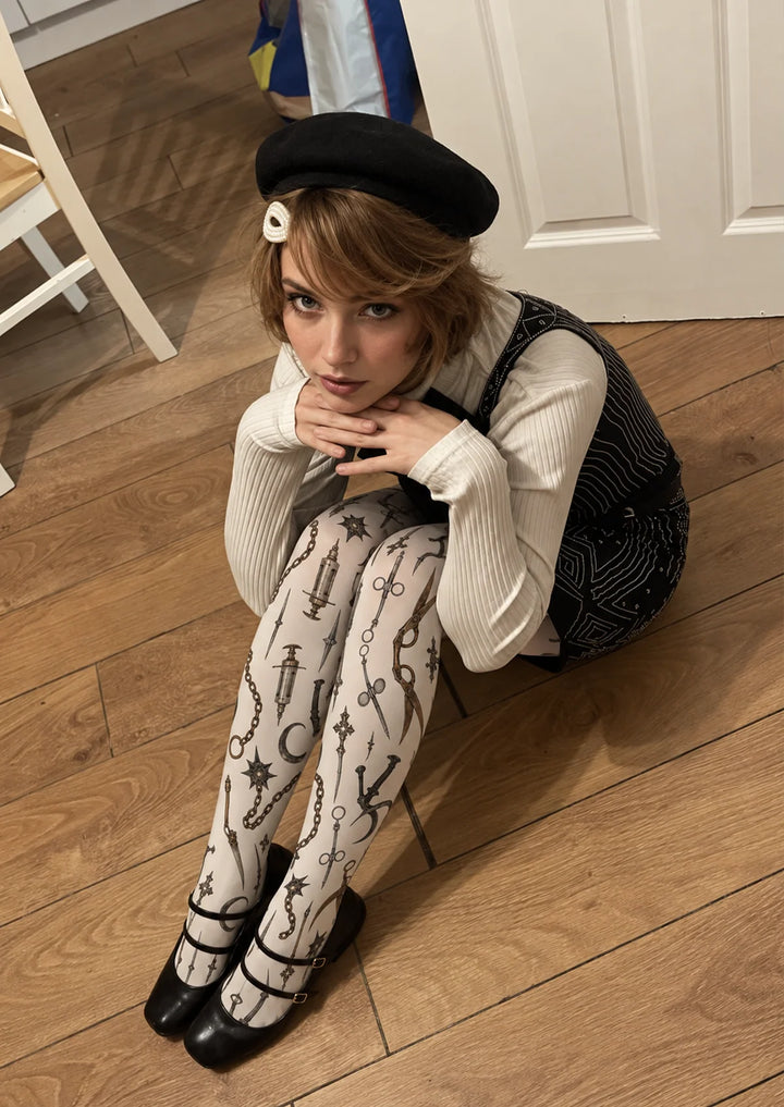 Women White Gothic Graphic Print Tights and Hosiery Pantyhose