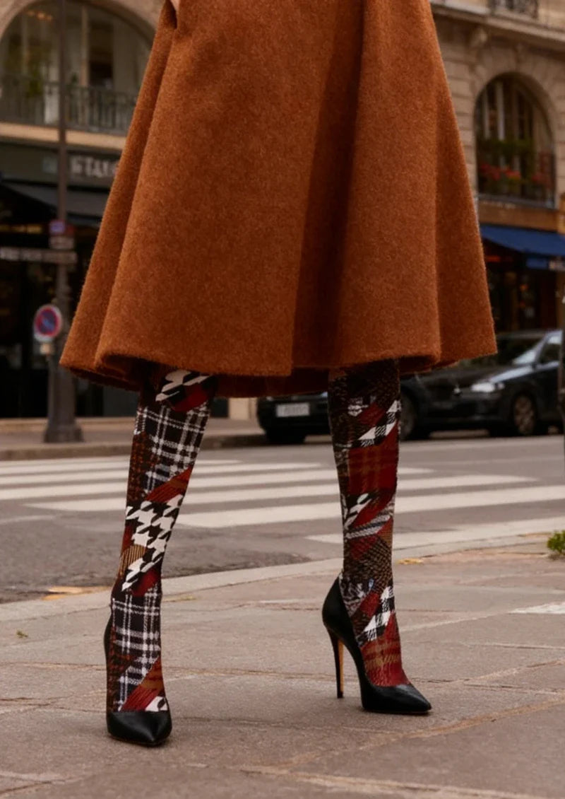 Women Brown Houndstooth Plaid Mix Tights Hosiery Pantyhose