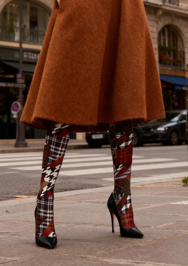 Women Brown Houndstooth Plaid Mix Tights Hosiery Pantyhose