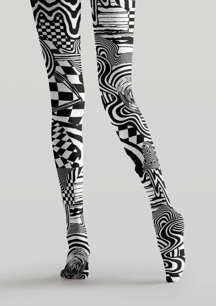 Women Black White Abstract Geometric Print Tights Pantyhose