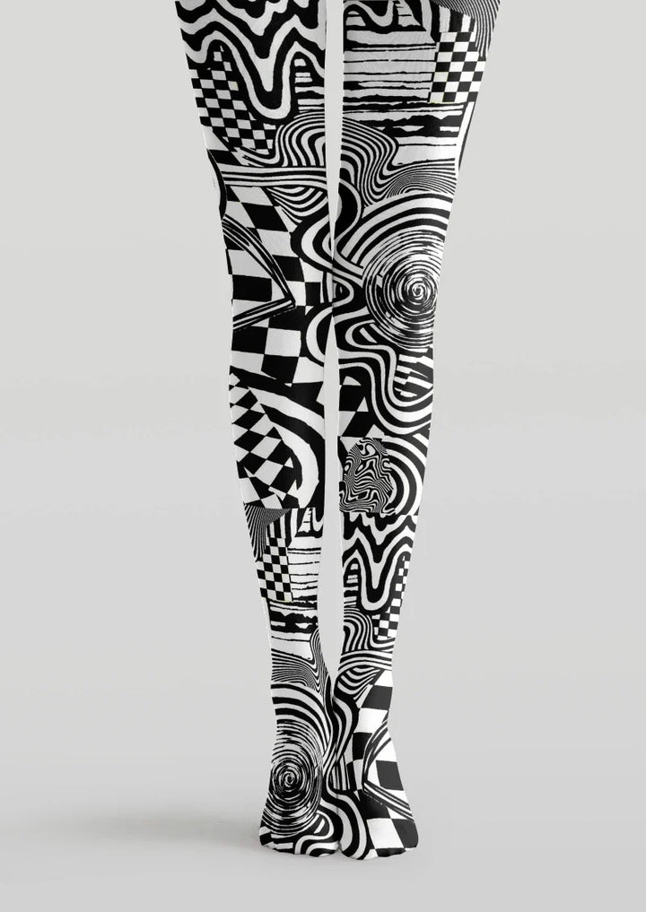 Women Black White Abstract Geometric Print Tights Pantyhose