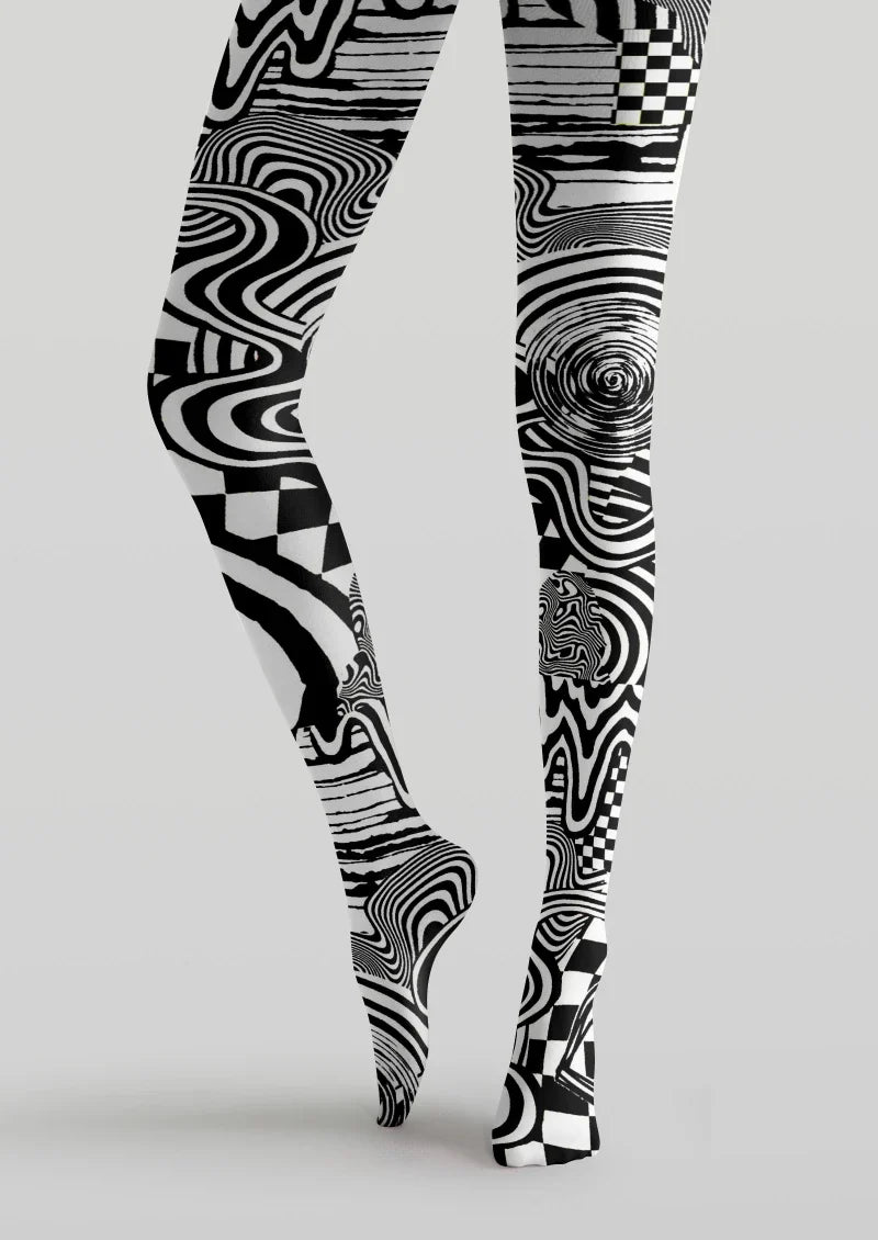 Women Black White Abstract Geometric Print Tights Pantyhose