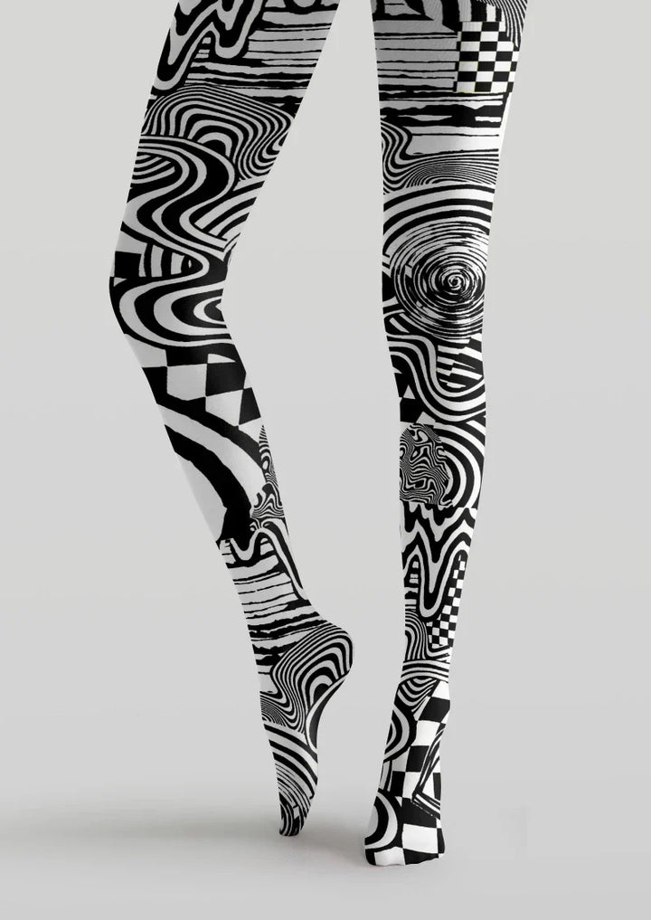 Women Black White Abstract Geometric Print Tights Pantyhose