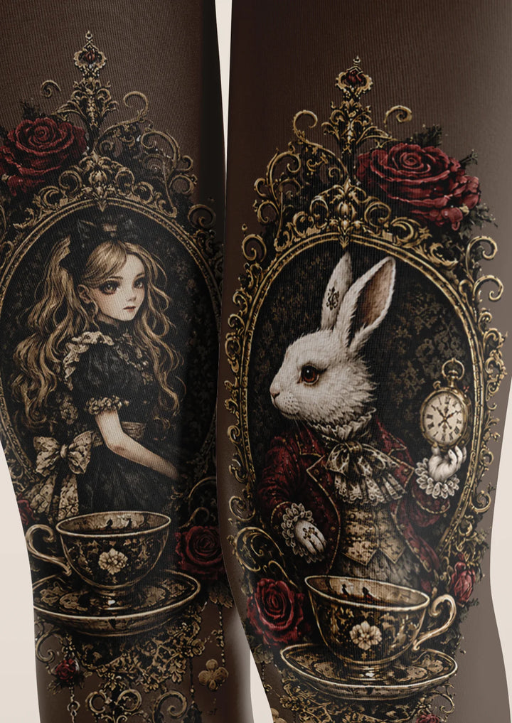 Gothic Alice Rabbit Tea Party Printed Footless Tights Hosiery Pantyhose