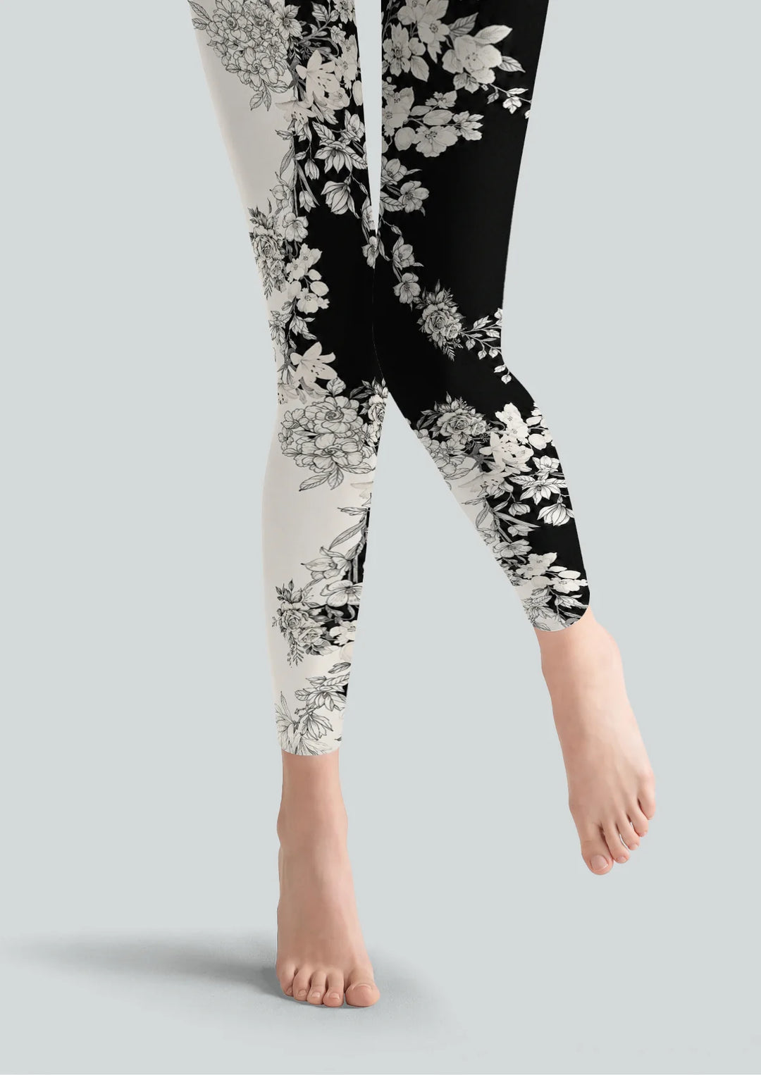 Black White Floral Print Footless Tights Hosiery Pantyhose