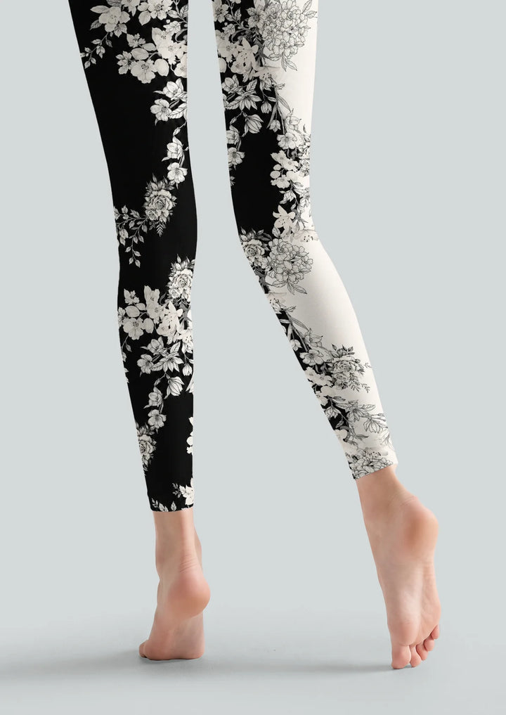 Black White Floral Print Footless Tights Hosiery Pantyhose