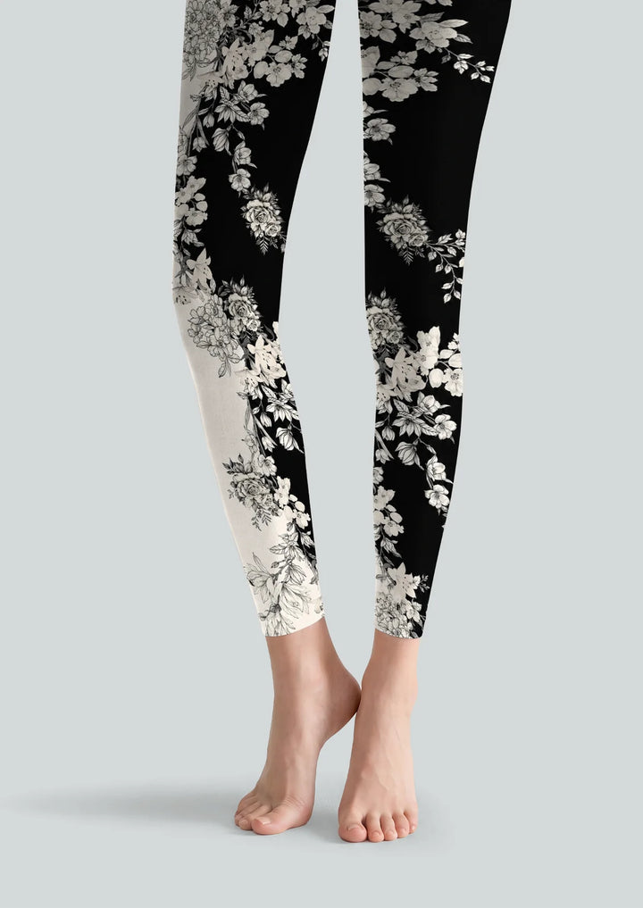 Black White Floral Print Footless Tights Hosiery Pantyhose