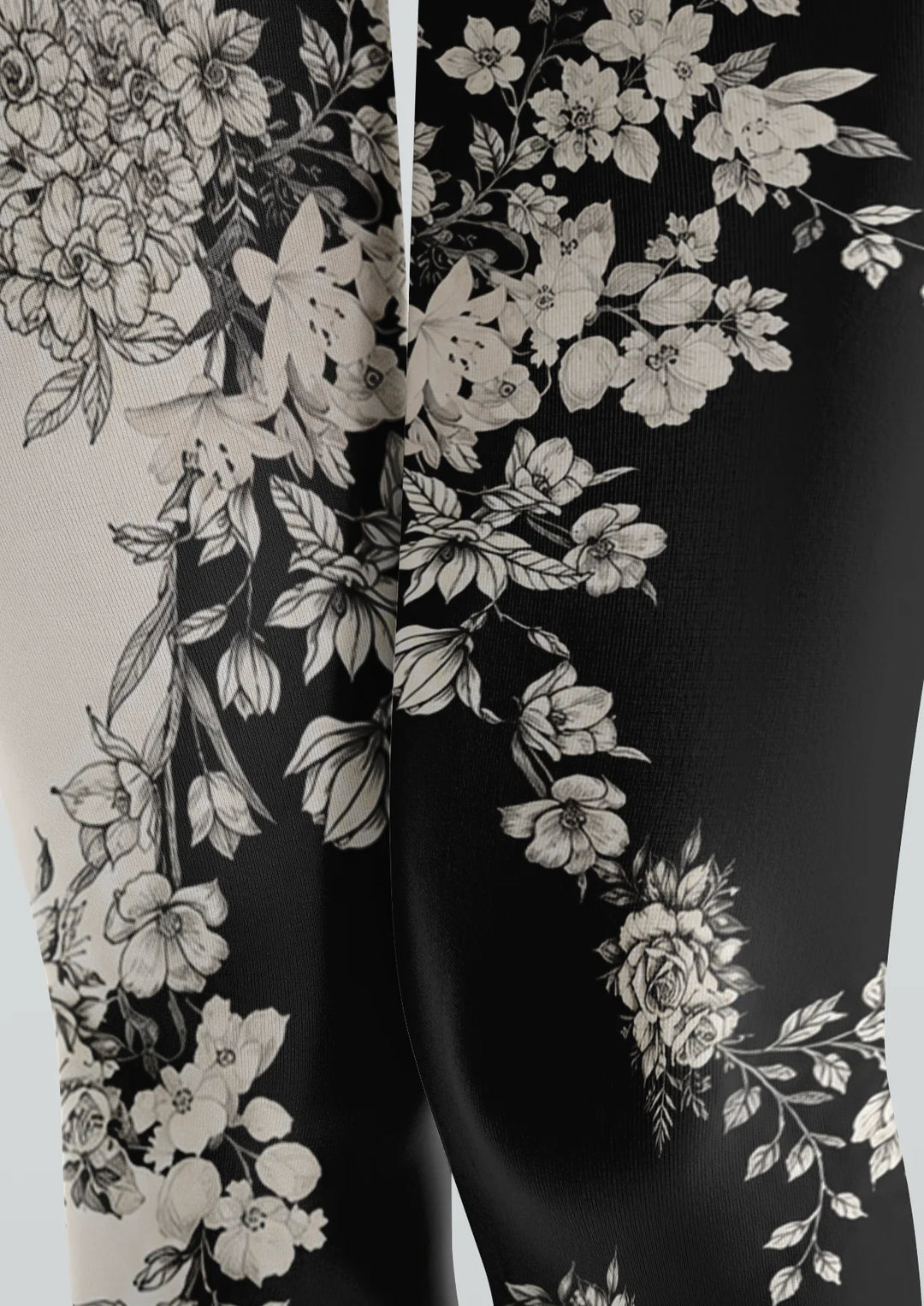 Black White Floral Print Footless Tights Hosiery Pantyhose