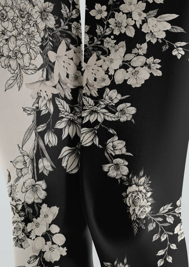 Black White Floral Print Footless Tights Hosiery Pantyhose