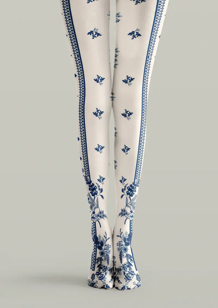 Women Blue White Floral Border Print Tights Hosiery Pantyhose