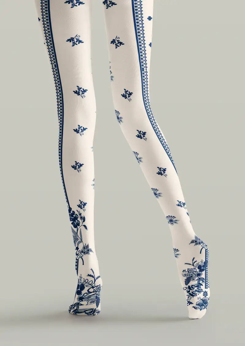 Women Blue White Floral Border Print Tights Hosiery Pantyhose