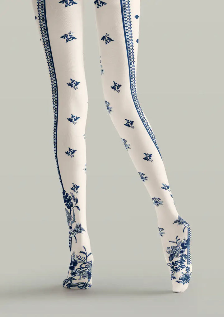 Women Blue White Floral Border Print Tights Hosiery Pantyhose