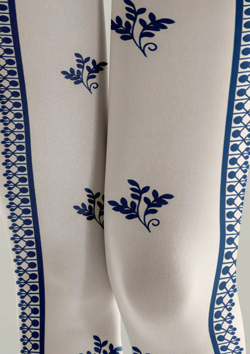 Women Blue White Floral Border Print Tights Hosiery Pantyhose