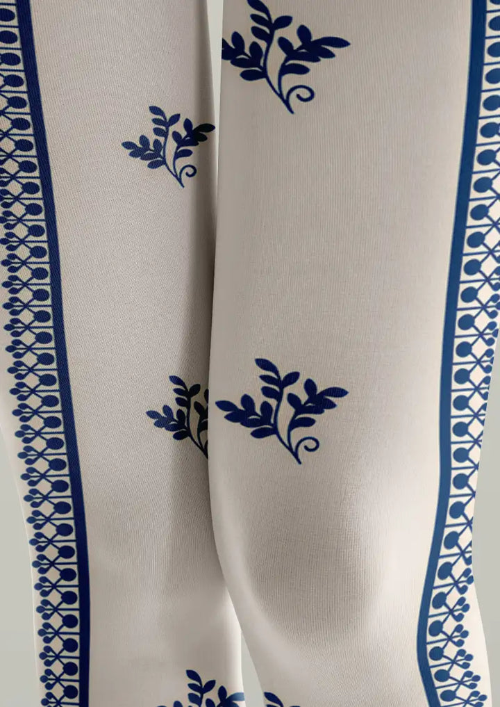 Women Blue White Floral Border Print Tights Hosiery Pantyhose