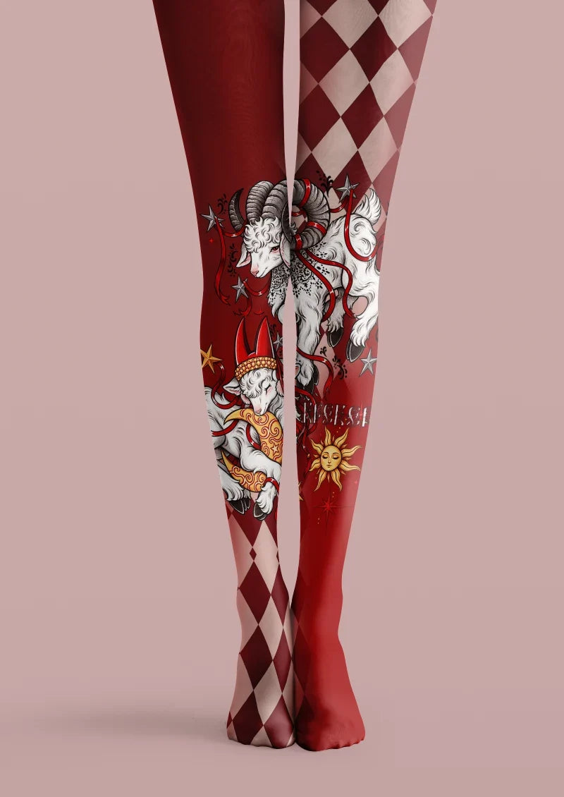 Women Celestial Ram Pattern Print Tights Hosiery Pantyhose