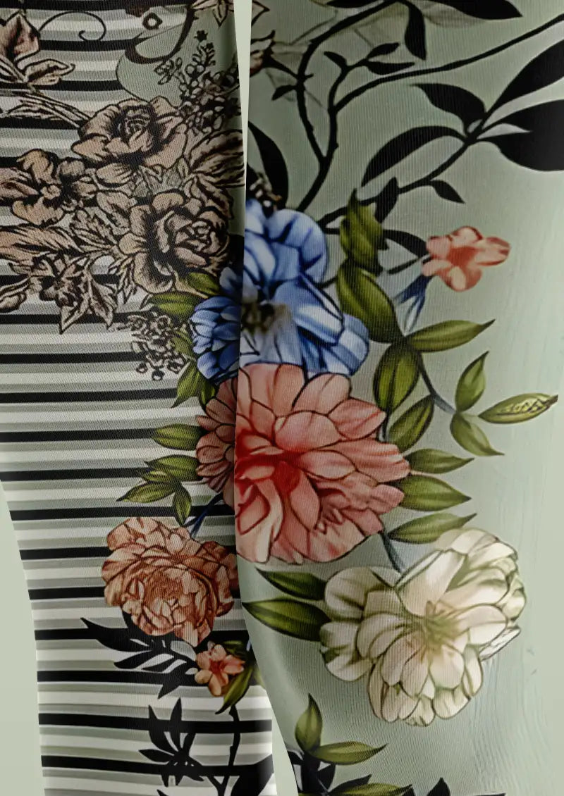 Floral Stripe Print Footless Tights Hosiery Pantyhose