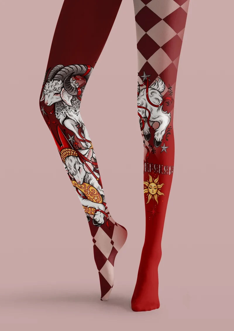 Women Celestial Ram Pattern Print Tights Hosiery Pantyhose
