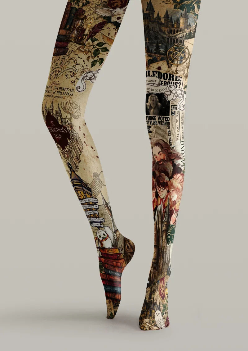 Women Vintage Magic Collage Printed Tights Hosiery Pantyhose