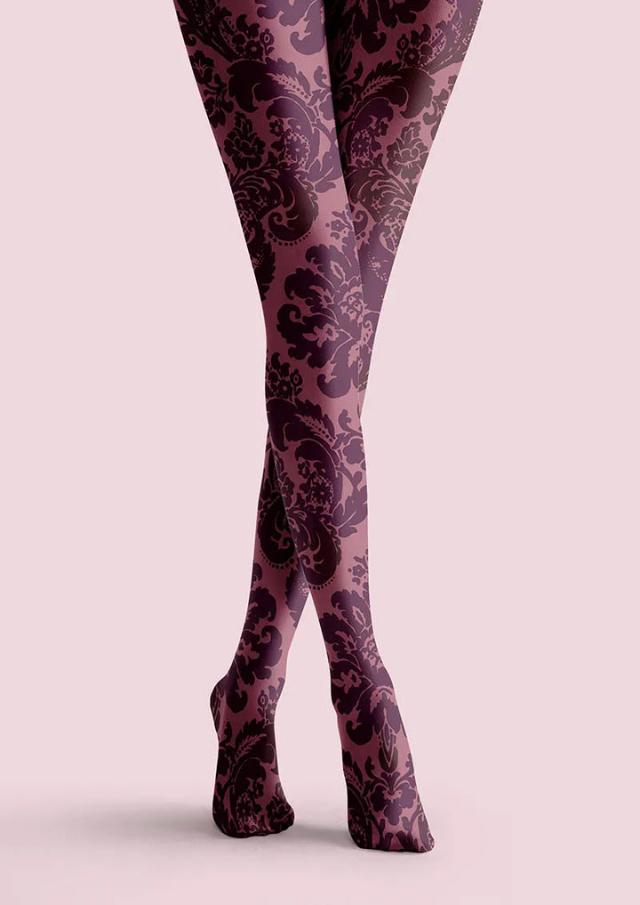 Women Baroque Bloom Plum Velvet Print Tights Hosiery Pantyhose