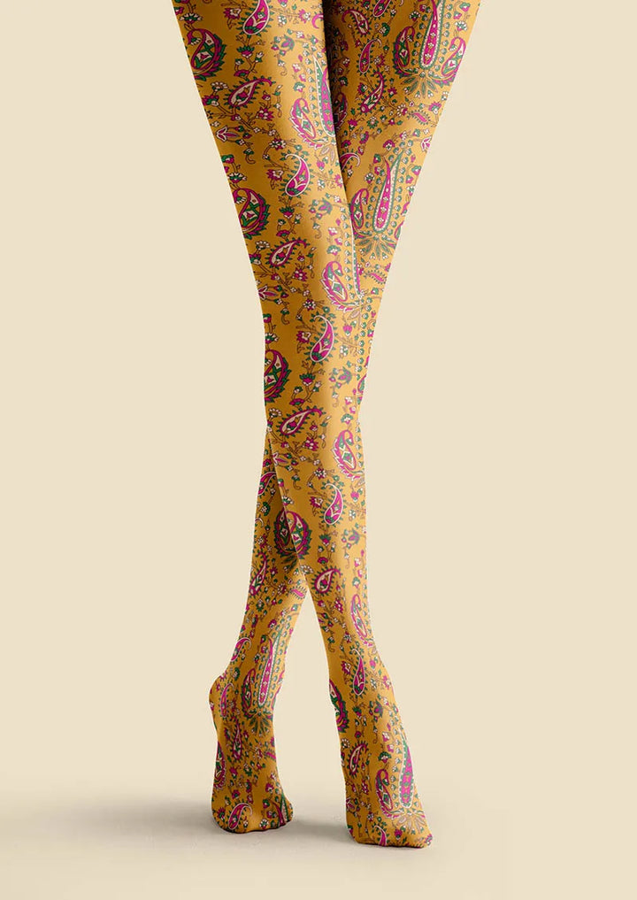 Women Warm Gold Paisley Printed Tights and Hosiery Pantyhose