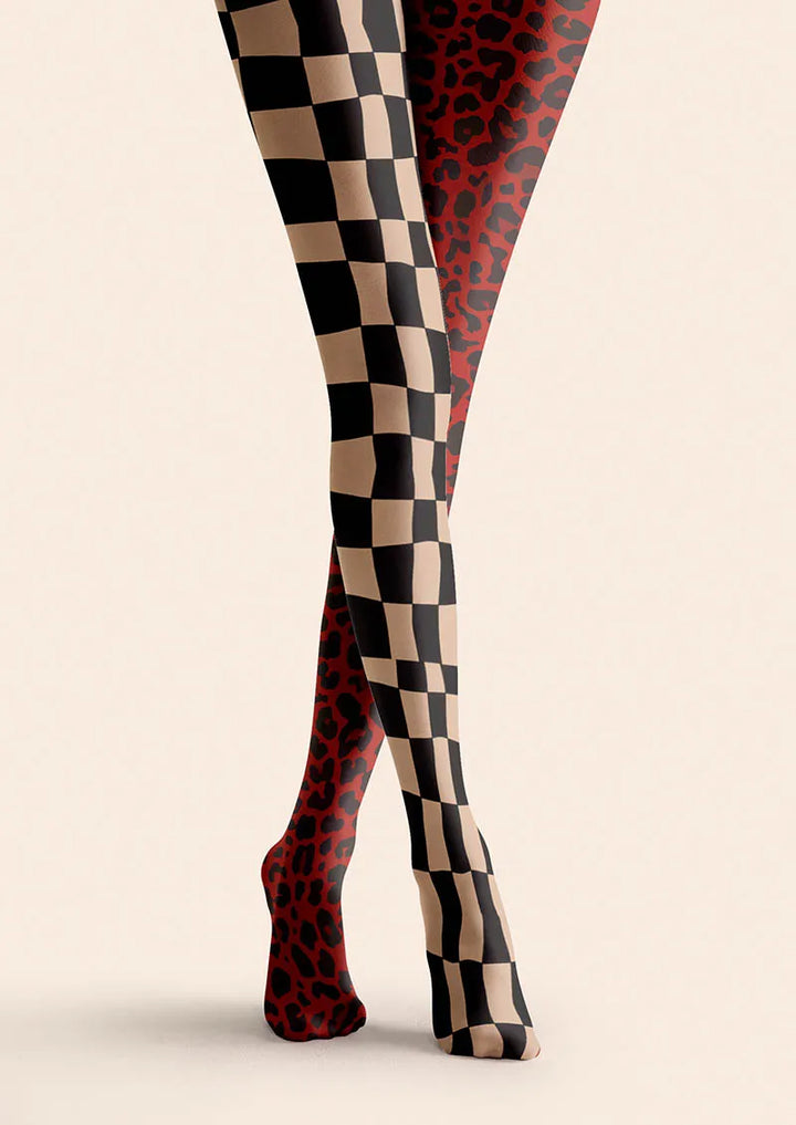Women Split Checker Geometric Pattern Art Tights Pantyhose