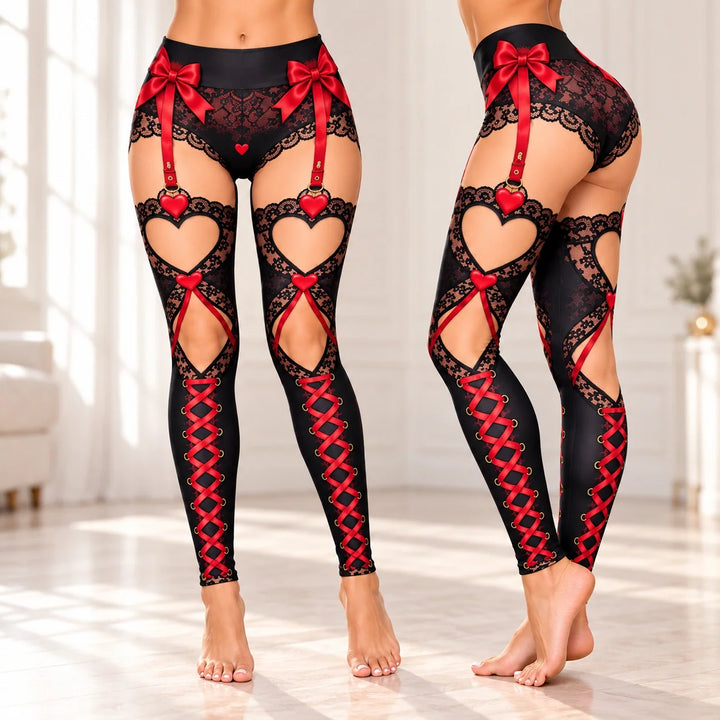 Women's Christmas Digital Print Leggings – Faux Lace, Red Bow & Heart Print High Waisted Stretch Pants