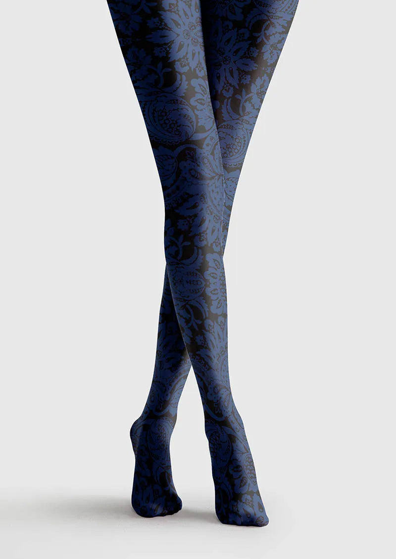 Women Baroque Bloom Vintage Blue Motif Print Tights Pantyhose