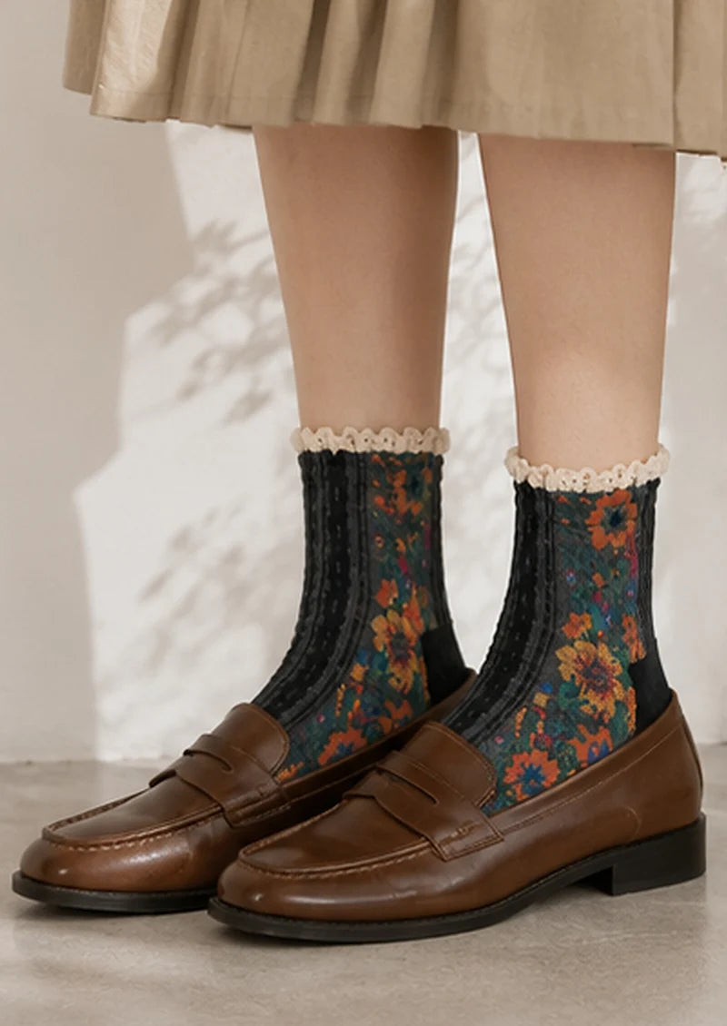 Black Vintage Floral Jacquard Sheer Mesh Socks